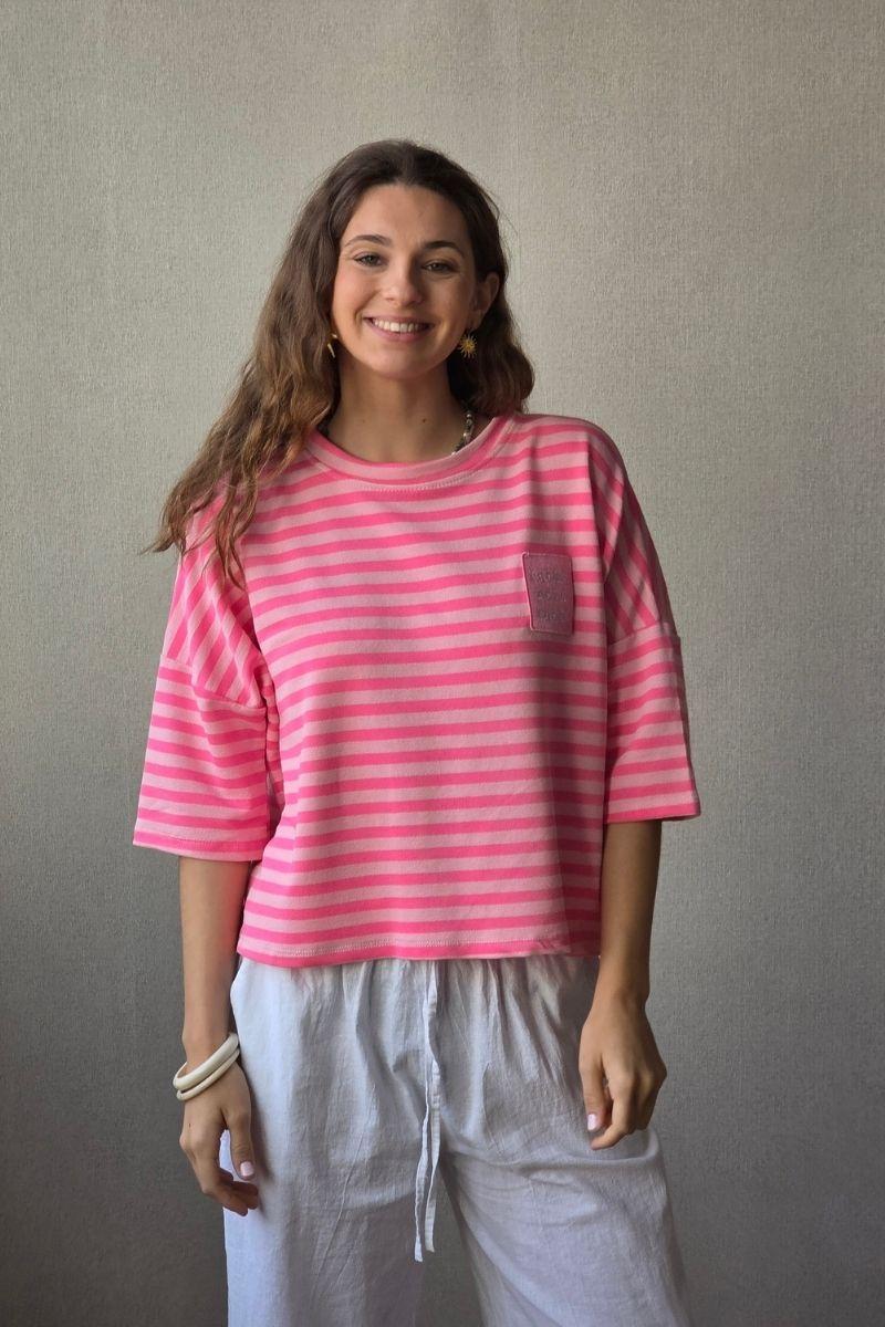 Sudadera Corta de Rayas Rosa Flúor