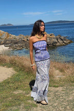 Vestido palabra de honor telas indias morado