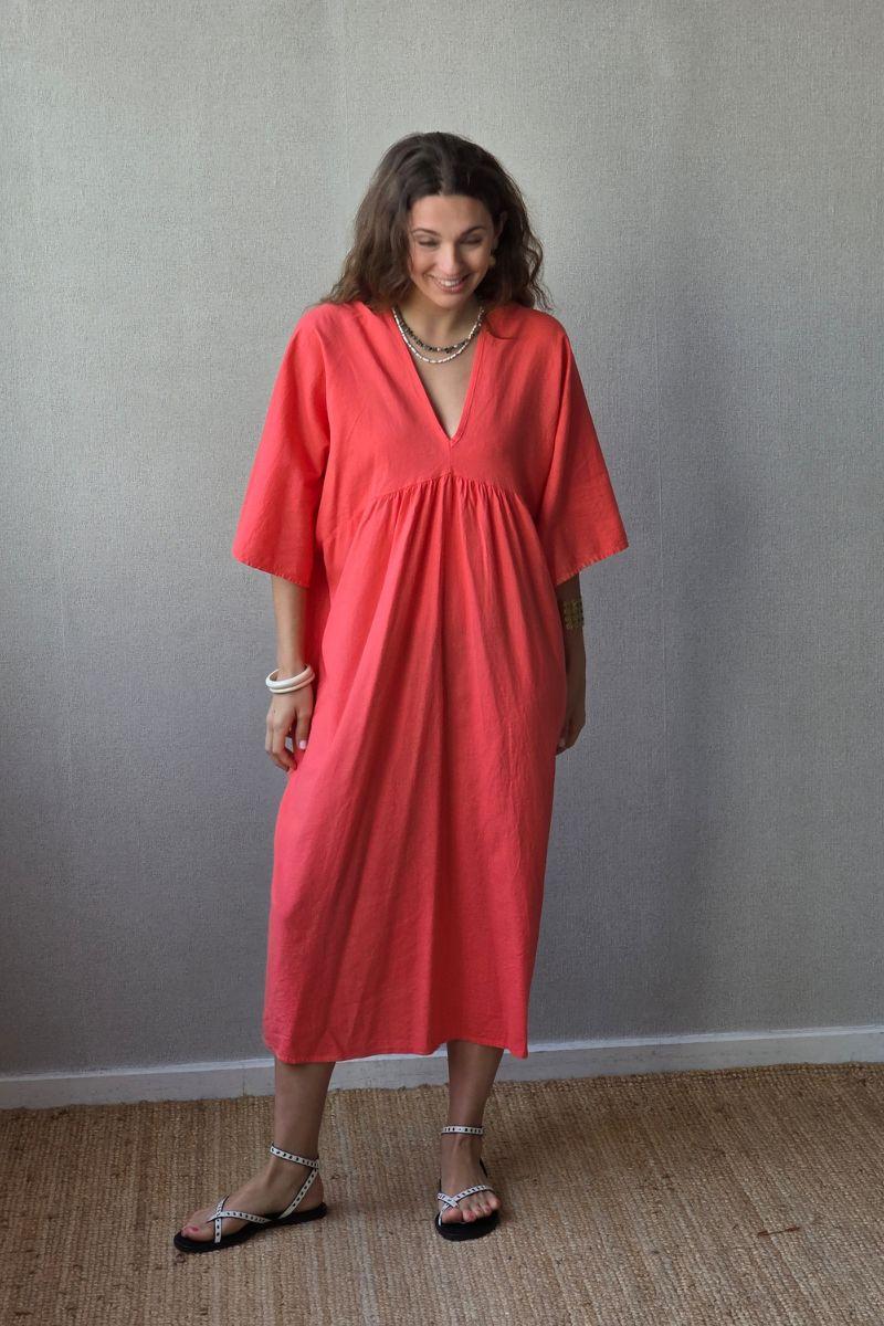Vestido largo de lino y algodón coral