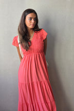 Vestido nido de abeja con volantes salmón