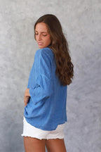 Camisa tipo lino de algodón azul