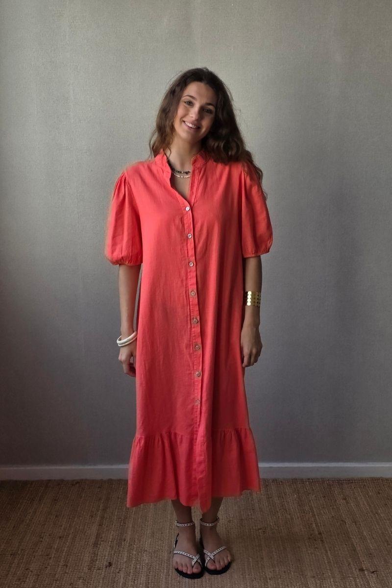 Vestido botones tipo lino coral