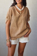 Camiseta tipo lino cuello pico camel