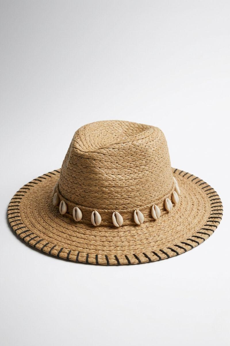 Sombrero natural conchas con pespunte negro