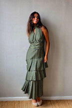 Vestido de volantes estampado vichy  cuello halter