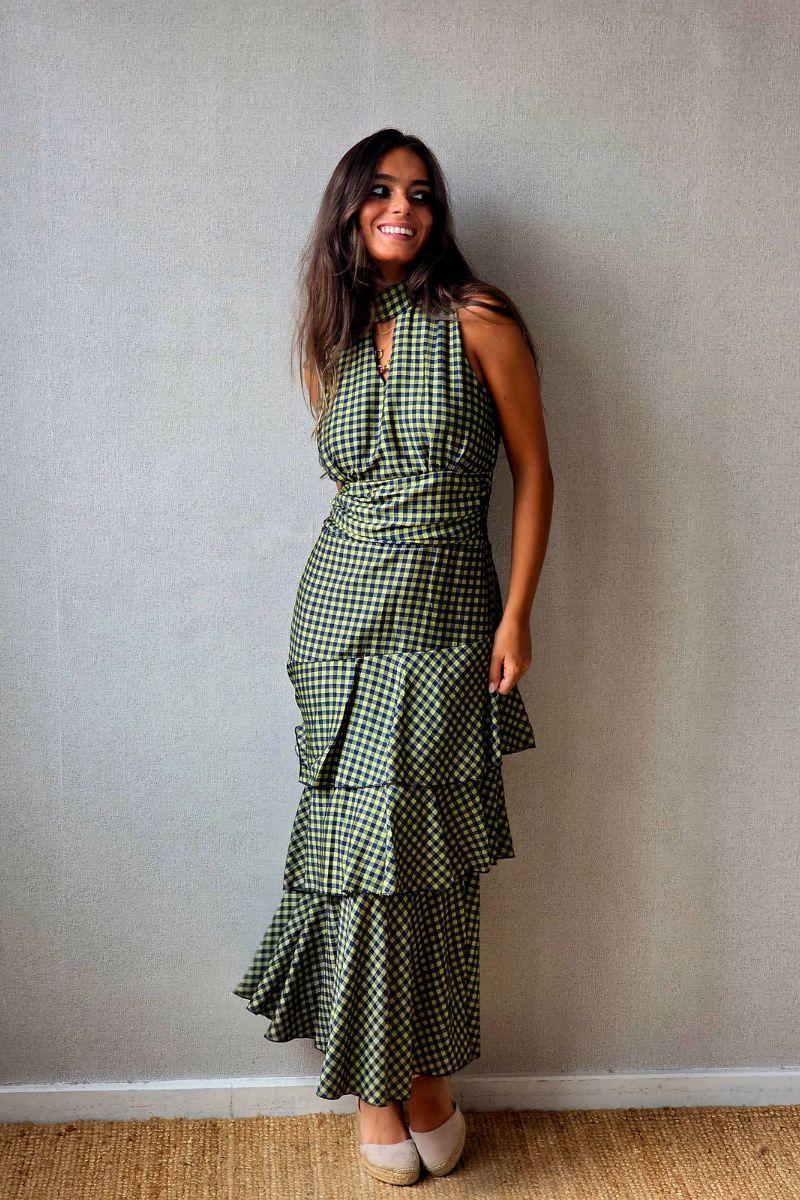 Vestido de volantes estampado vichy  cuello halter
