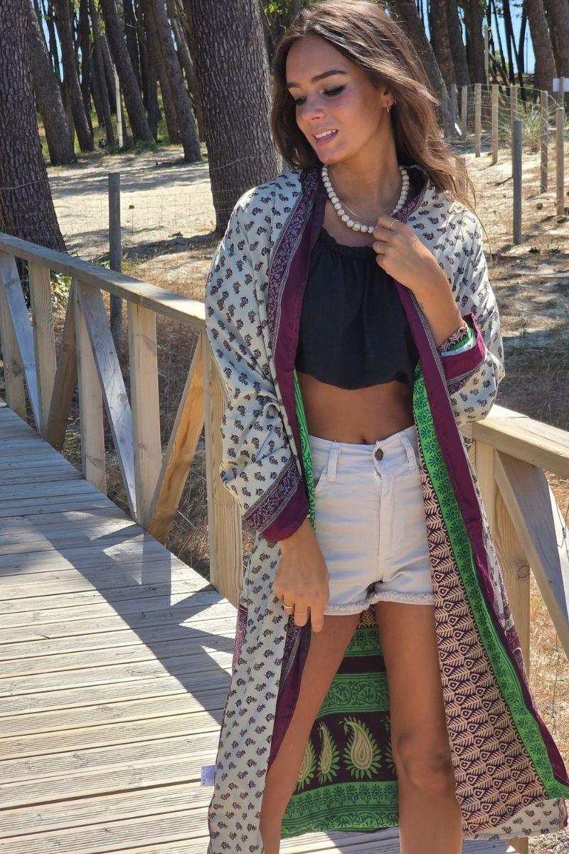Kimono largo reversible indio estampado vino