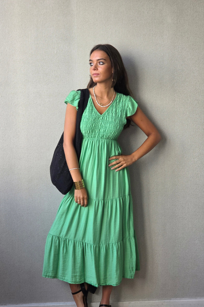 Vestido nido de abeja con volantes verde
