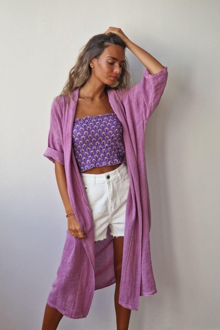 Kimono lila tipo lino con manga tres cuartos