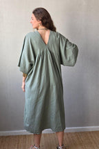 Vestido largo de lino y algodón caqui