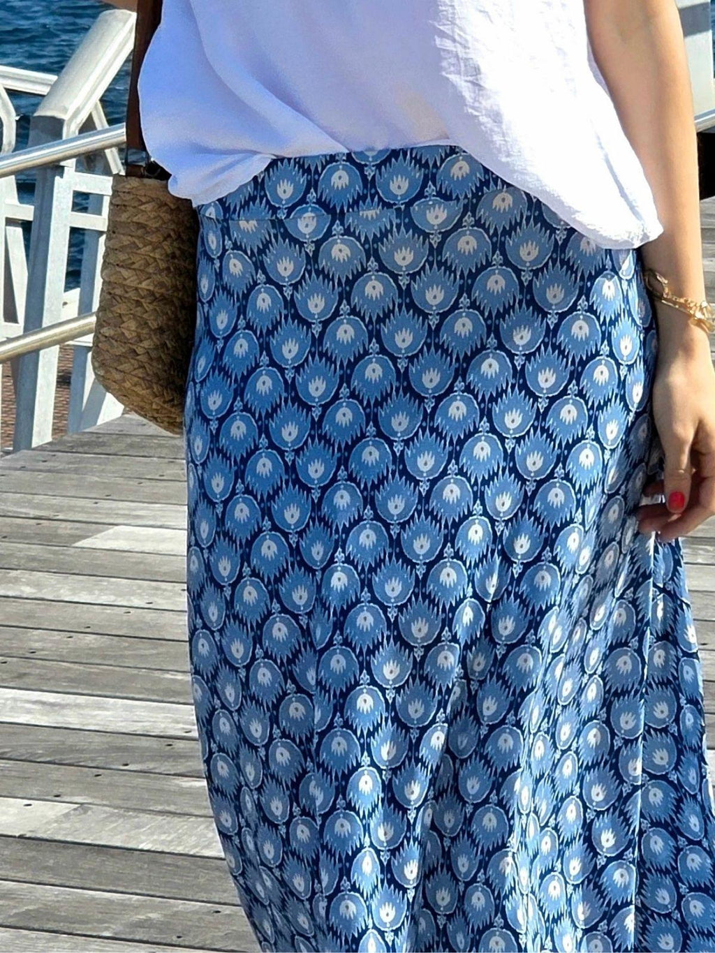 Falda larga estampado fuego azul jeans