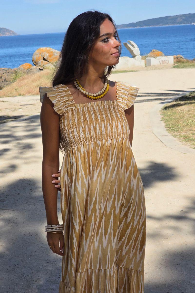 Vestido ikat tirante ancho mostaza