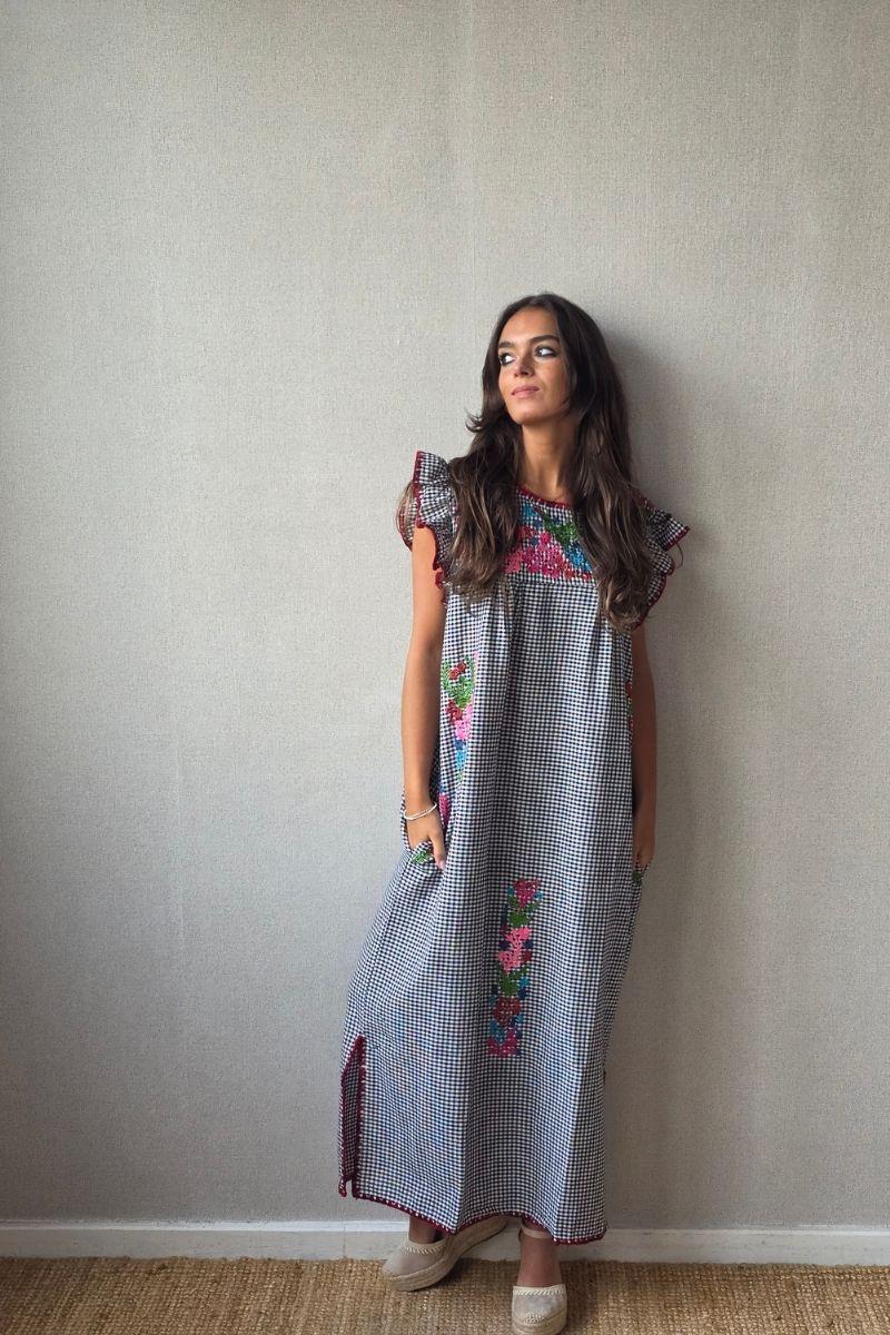 Vestido mexicano cuadro vichy negro