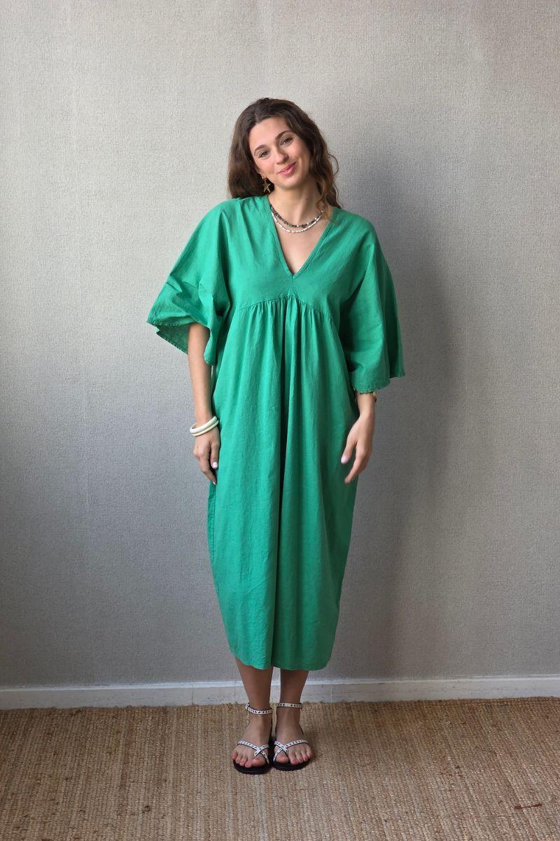 Vestido largo de lino y algodón verde