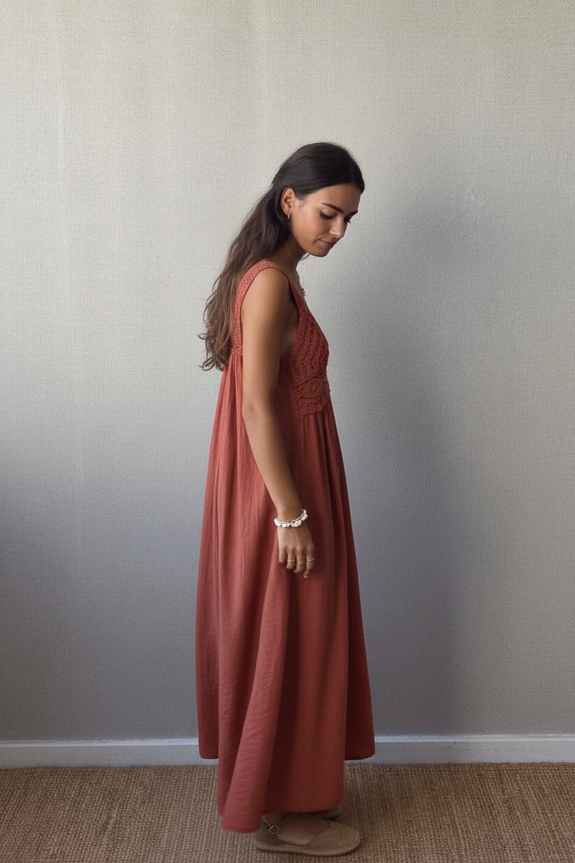Vestido de tirantes crochet teja