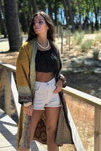 Kimono largo reversible indio estampado mostaza