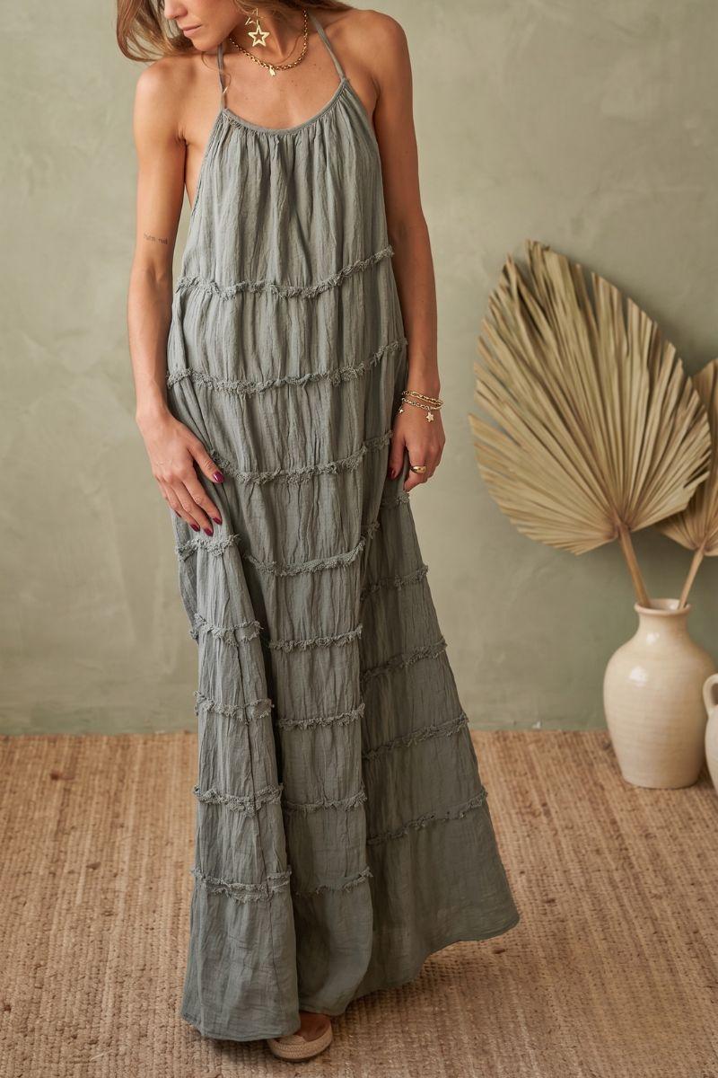 Vestido volantes lino verde