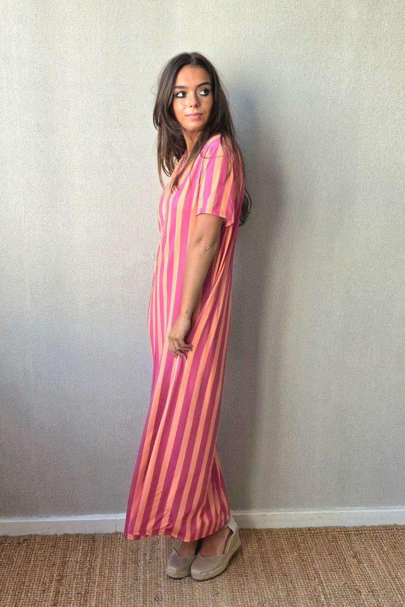 Vestido rayas manga corta no se arruga fucsia