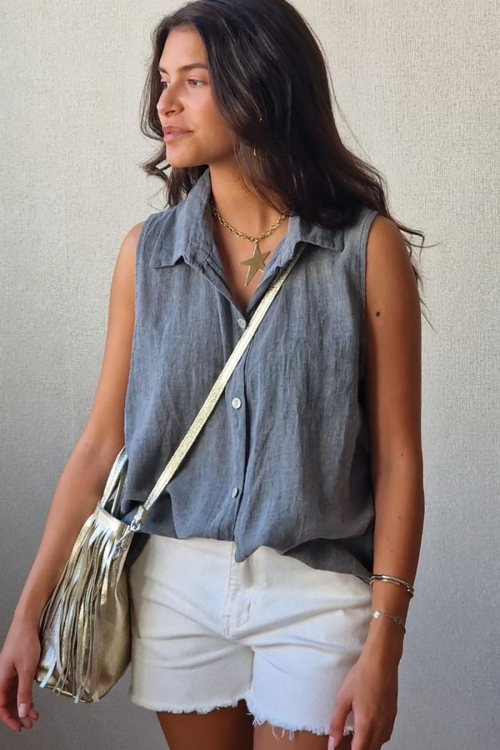 Camisa tipo lino sin mangas gris oscuro