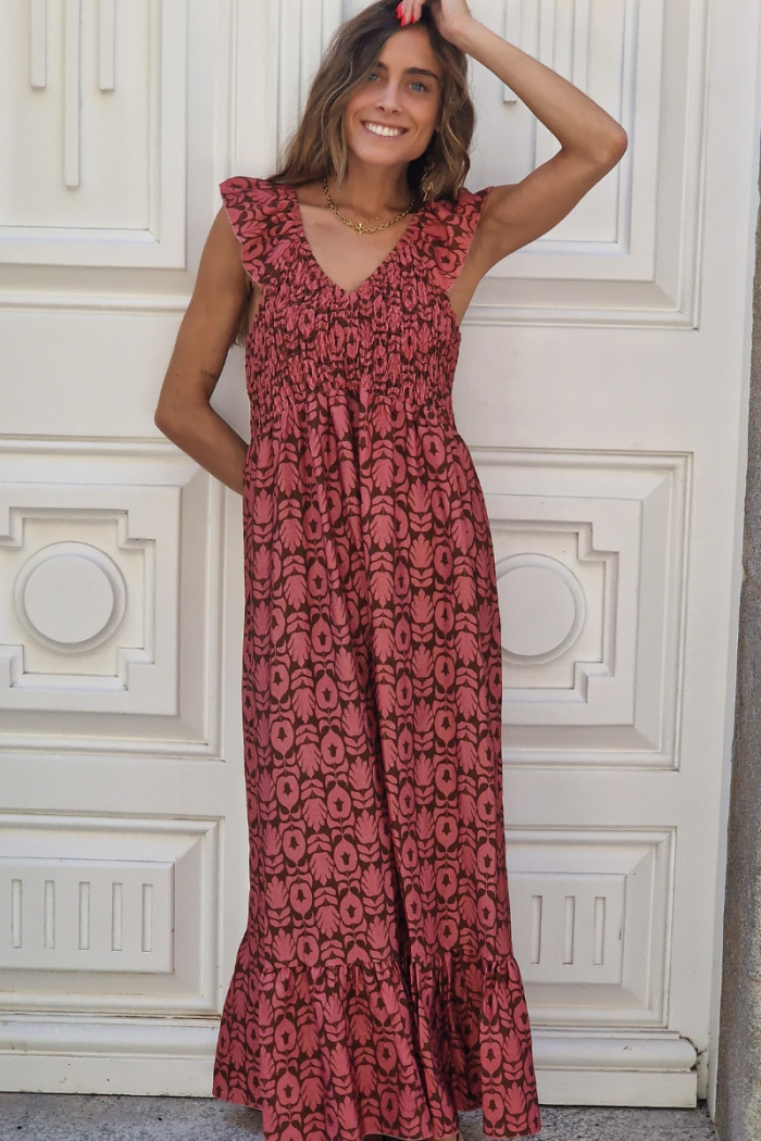 Vestido largo nido de abeja tulipanes frambuesa