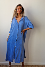 Vestido largo camisero tipo lino turquesa