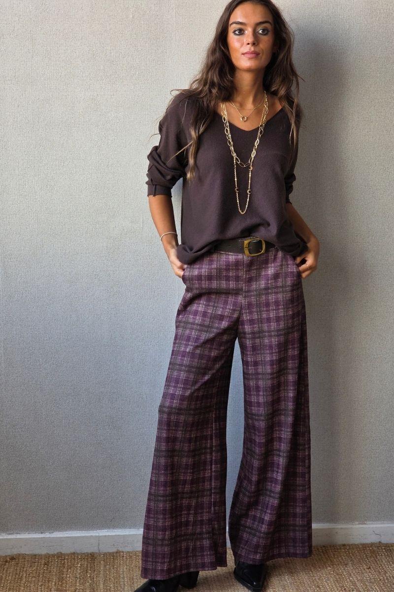Pantalón de cuadros pequeños ciruela