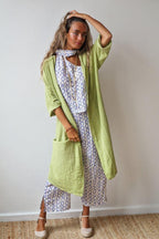 Kimono pistacho tipo lino con manga tres cuartos