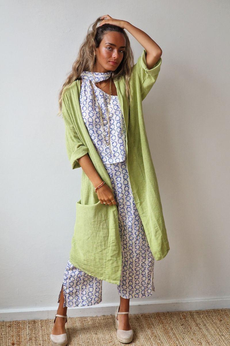 Kimono pistacho tipo lino con manga tres cuartos
