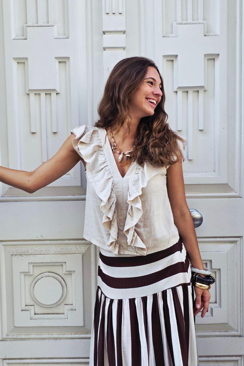 Top volante lino beige