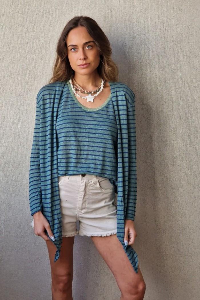 Chaqueta azul de lino con rayas