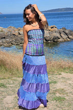 Vestido palabra de honor telas indias azulón