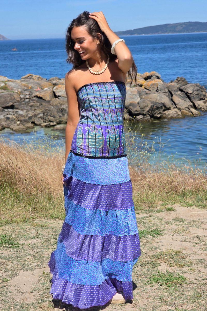 Vestido palabra de honor telas indias azulón