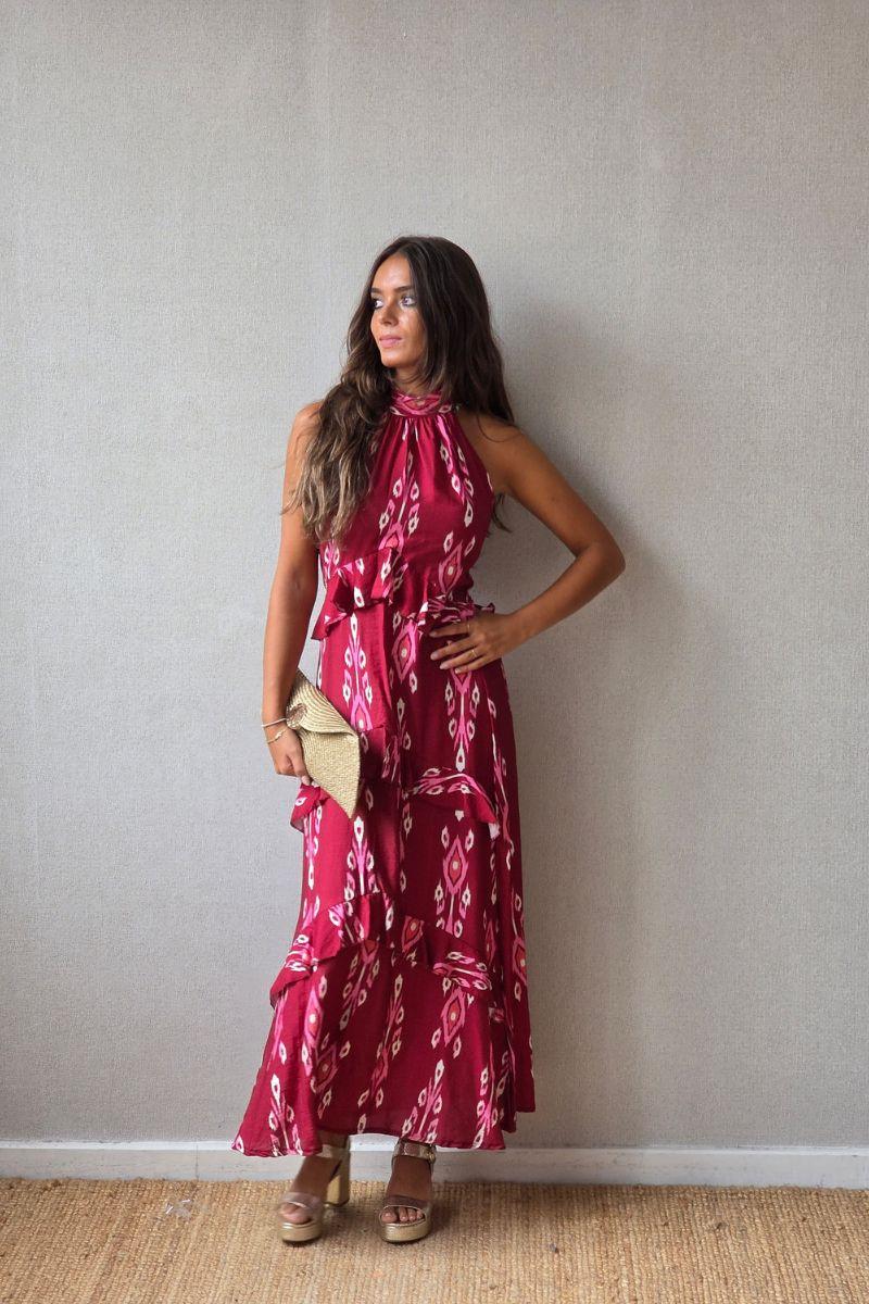 Vestido halter con volantes rojo