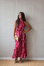 Vestido halter con volantes rojo