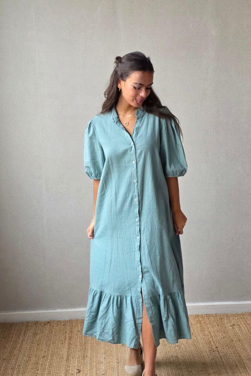 Vestido de botones tipo lino verde bonito