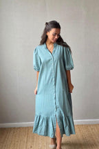 Vestido de botones tipo lino verde bonito