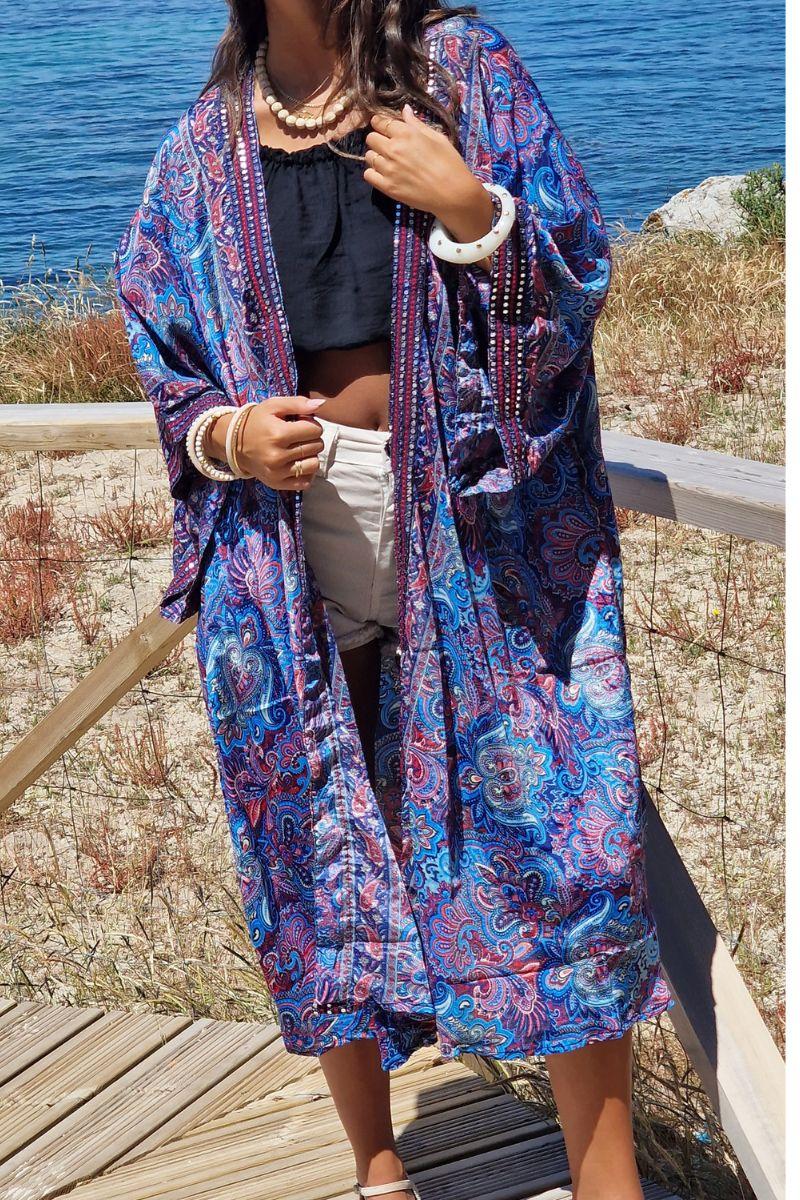 Kimono largo estampado rematado con espejitos tonos azulones