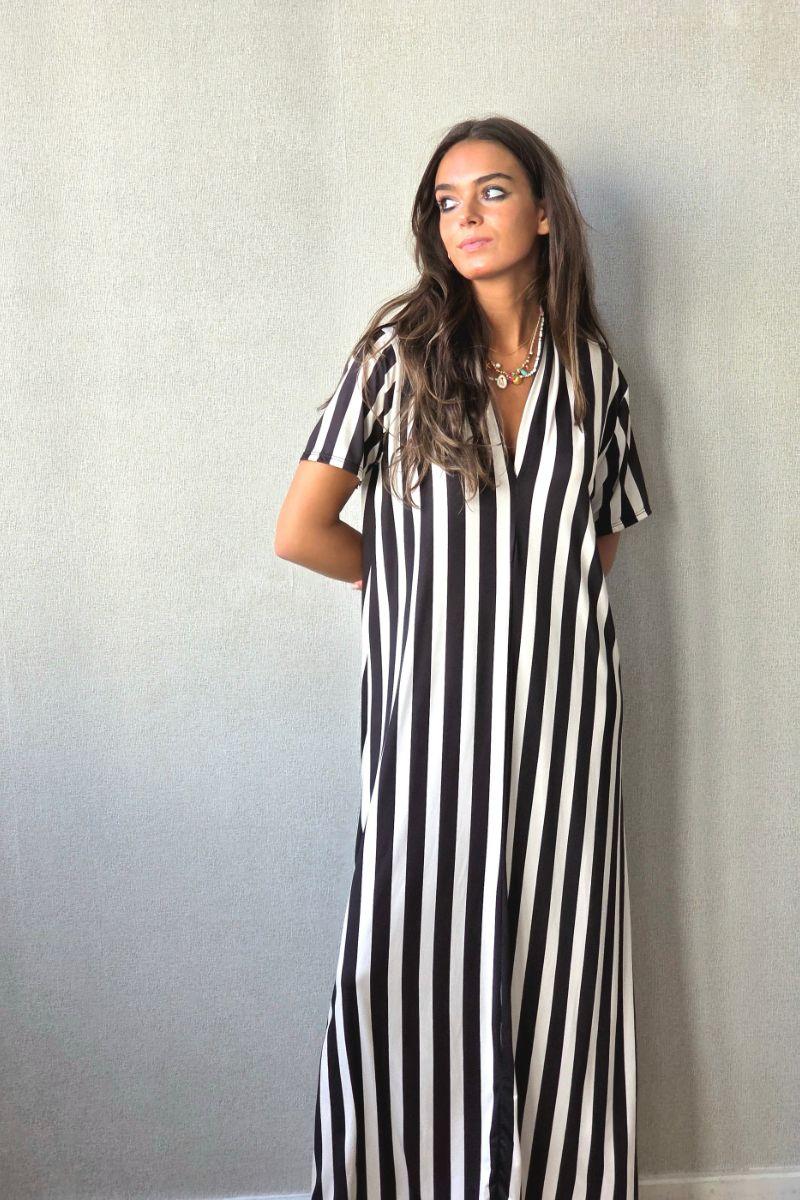 Vestido rayas manga corta no se arruga caqui