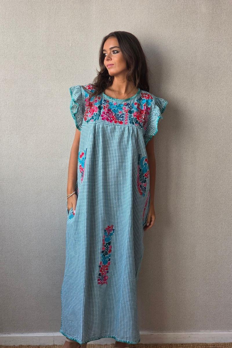 Vestido mexicano cuadro vichy verde mint