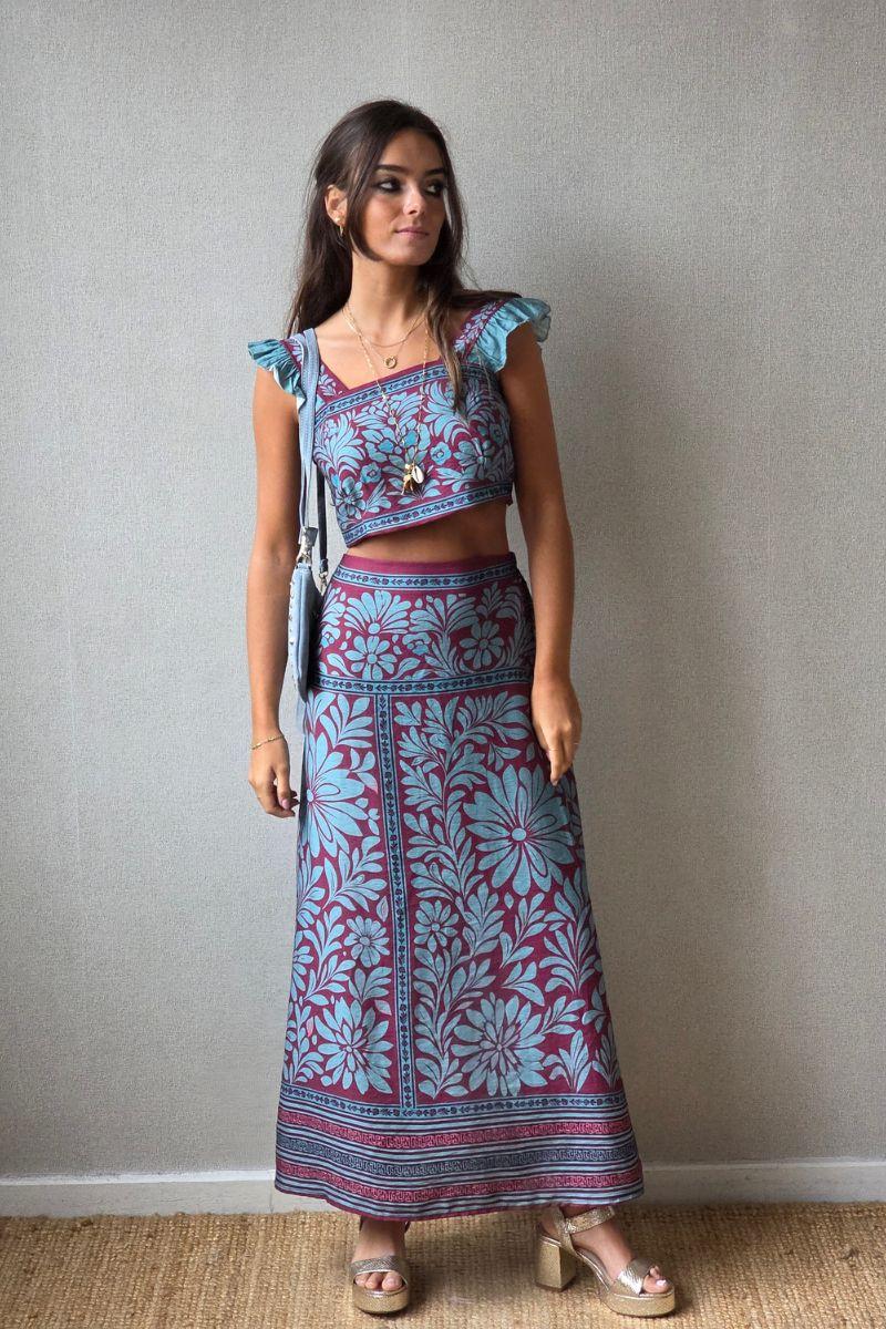 Conjunto top y falda con estampado de flores petróleo