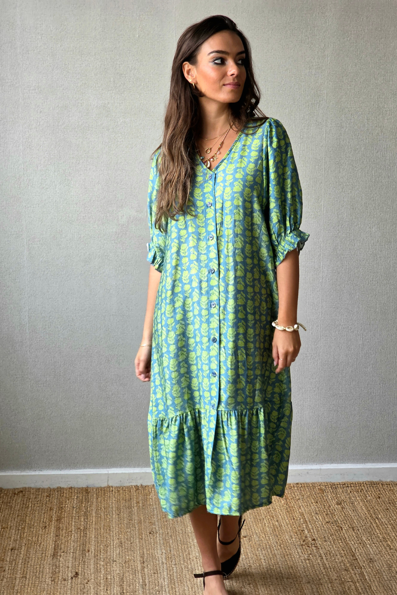 Vestido flores con botones verde
