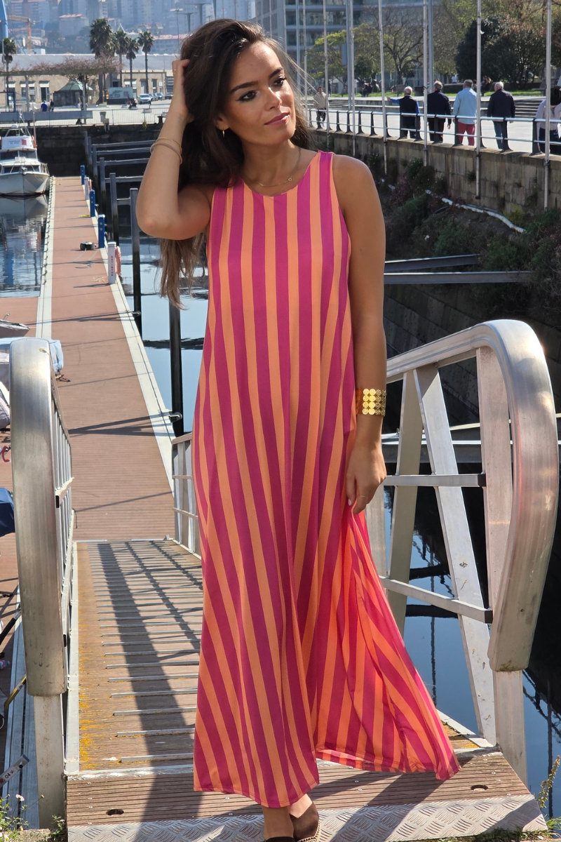 Vestido Elástico de Rayas Fucsia