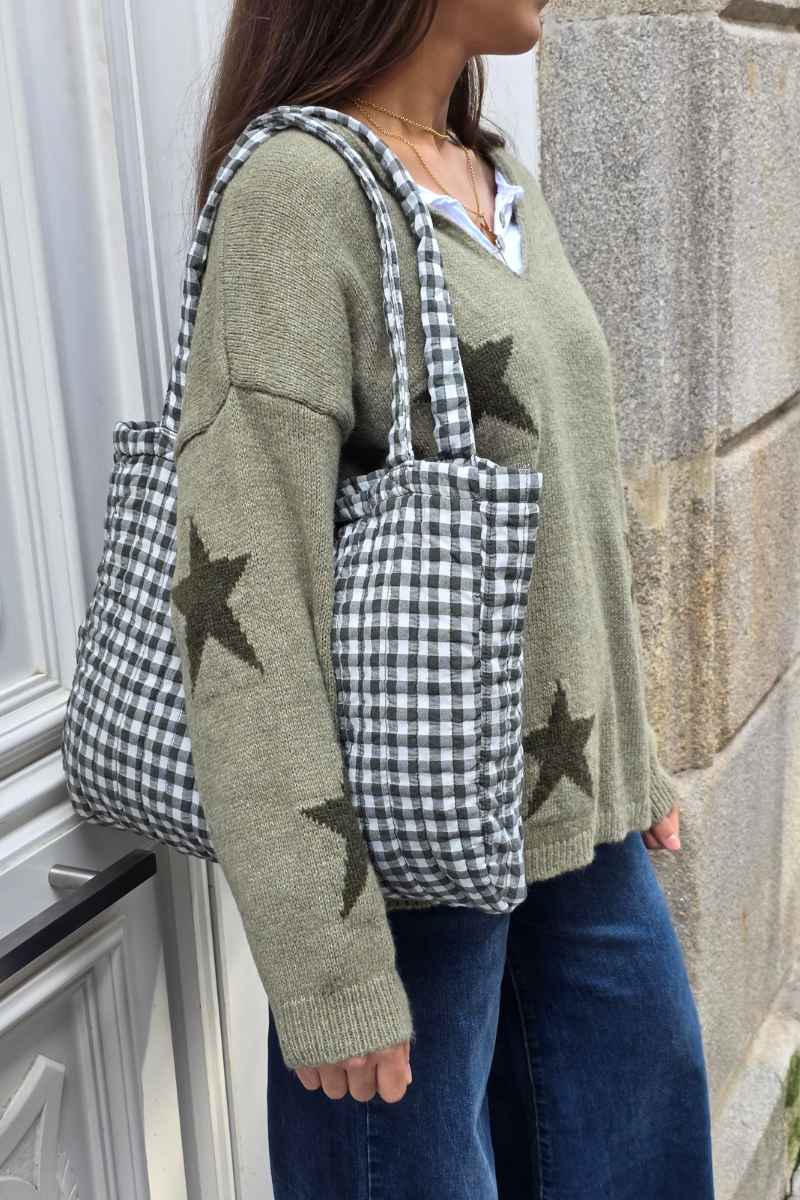 Bolsa acolchada de cuadros de vichy verde caqui