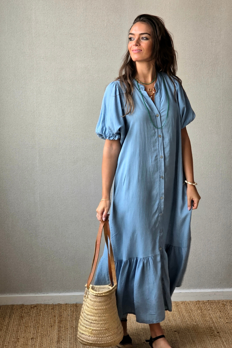 Vestido Manga Globo Azul Jeans Claro