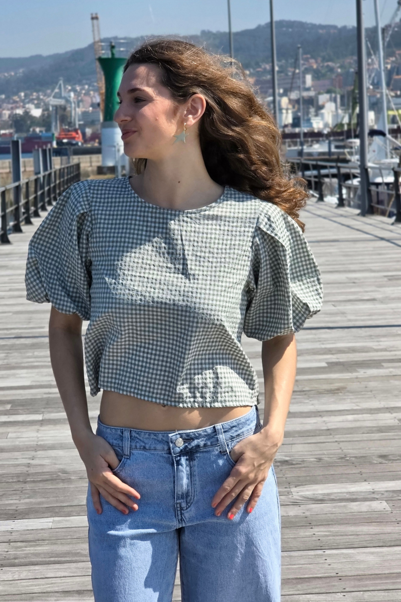 Blusa Manga Globo Cuadro Vichy Salvia