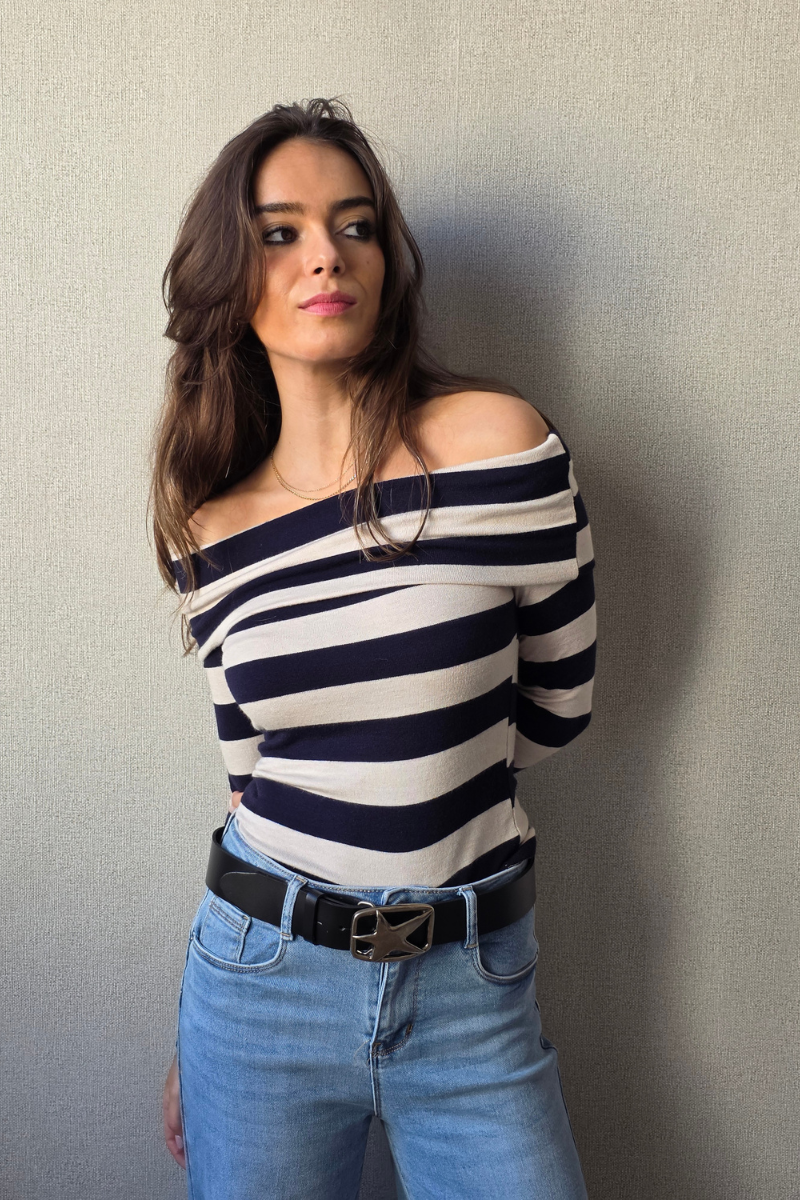 Jersey Escote Bardot Rayas - Azul Marino