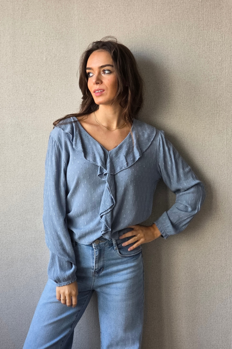 Blusa Azul con Volante y Brillo