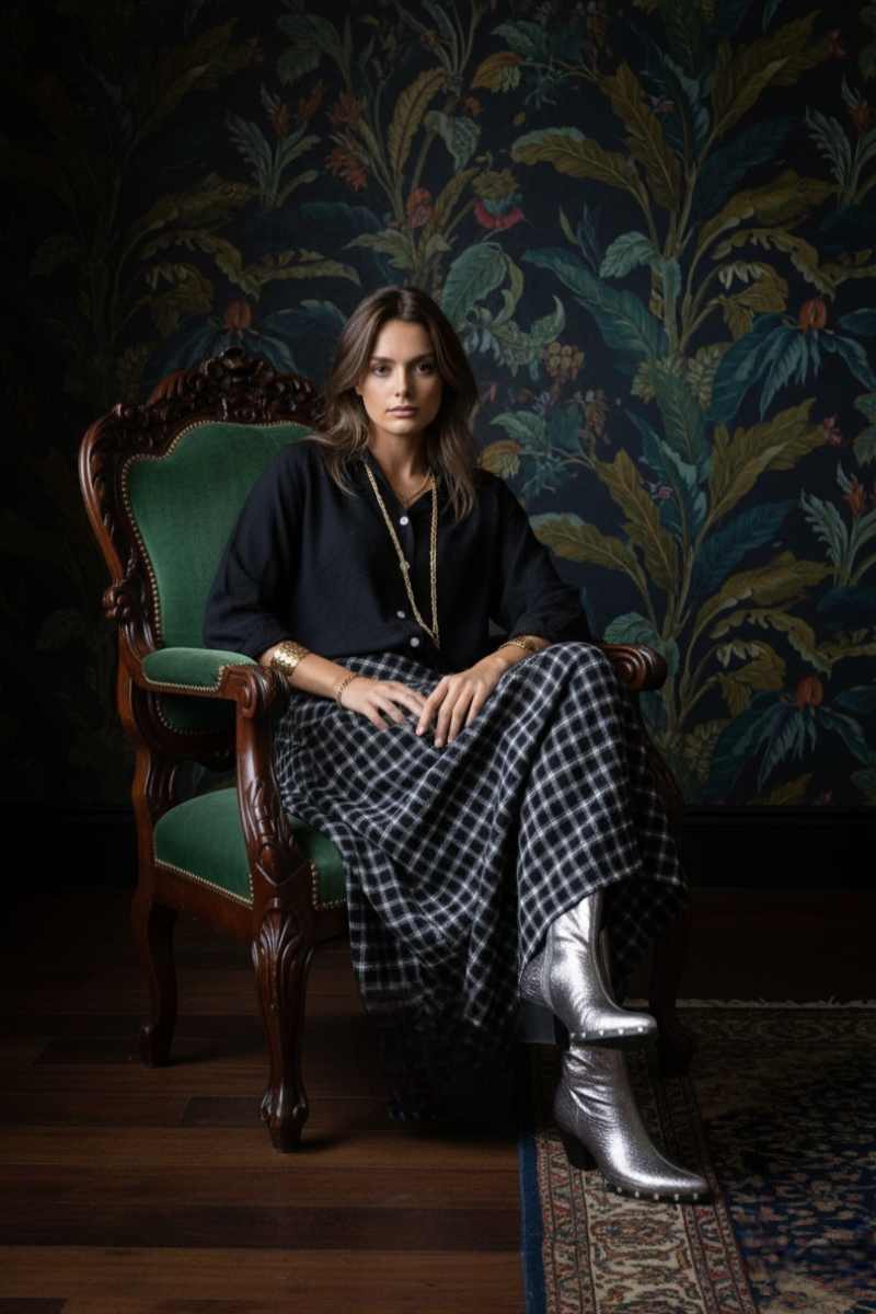 Falda larga de cuadros corte asimétrico negra