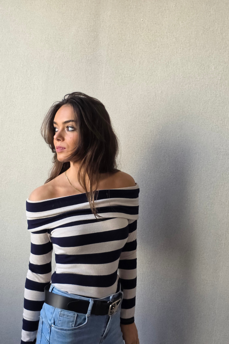 Jersey Escote Bardot Rayas - Azul Marino