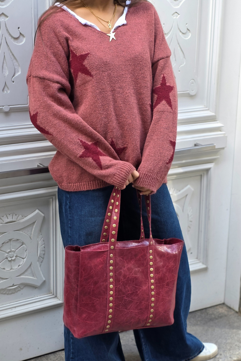 Jersey punto cuello pico con estrellas rosa pepe